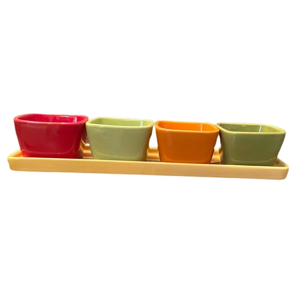 CRATE & BARREL CONDIMENT SET 4 PIECE TRAY DISH & 4 SQUARE BOWLS PICNIC COOKOUT